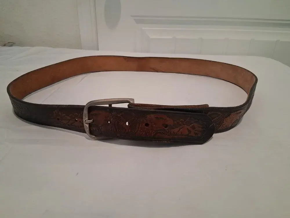 Vintage Tooled Leather Belt American Bald Eagle Mountain Scene Western Sz 42 44